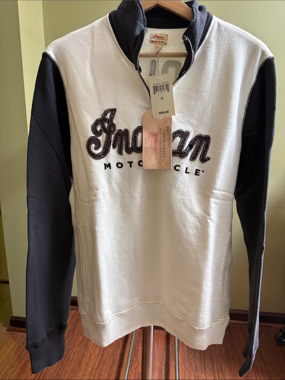 Lucky Brand White Pullover with Black Collar and Script Logo